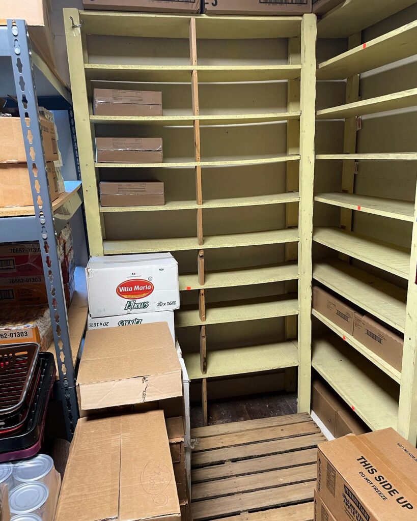 Empty pantry shelves.