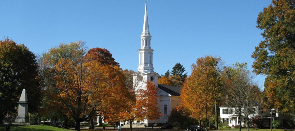 Wooded area of fall trees with orange leaves. Blue sky with tall white church steeple emerging from trees.