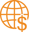 Orange icon representing a globe with dollar sign.