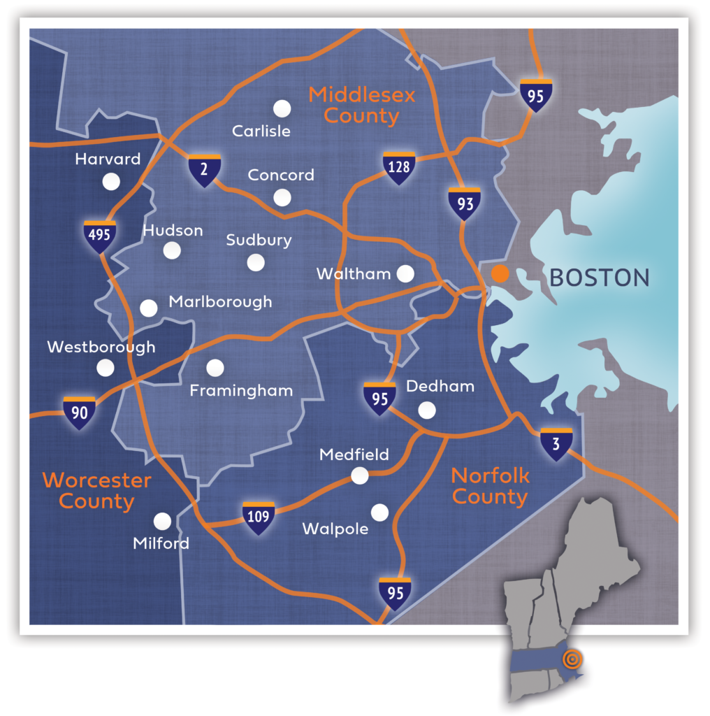 Graphic map in blue of metrowest area of Boston. Major towns are labelled.
